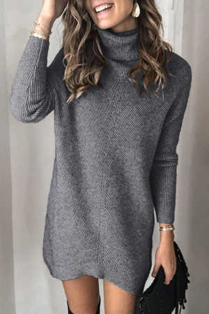Gray Turtleneck Long Sleeve Knitted Sweater Dress bb124
