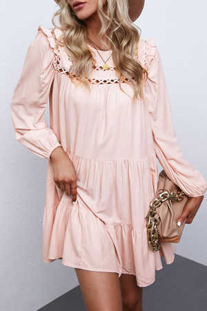 Pink Crewneck Lantern Sleeve Hollow-Out Tiered Dress with Pocket c581b