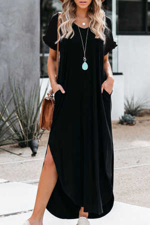 Black Loose Fit Cotton Blend V Neck Maxi Dress with Slits 24322