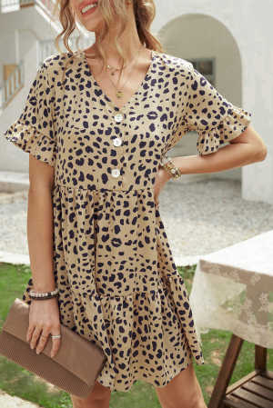 Leopard V Neck Ruffled Mini Dress with Buttons af61f