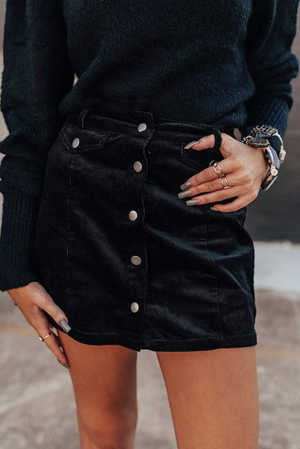 Black High Waist Button Corduroy Mini Skirt 08ae3